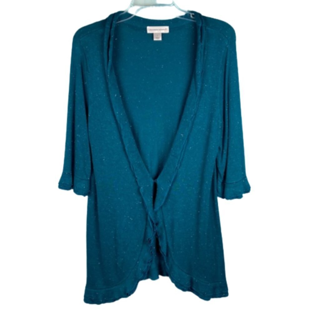 Christopher & Banks Deep V-neck Ruffle Trim Button Down Fitted Cardigan Teal